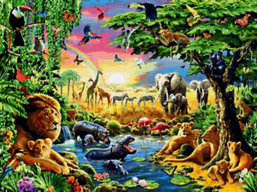 Африка - птицы, бегемот, звери, лев, слон - предпросмотр