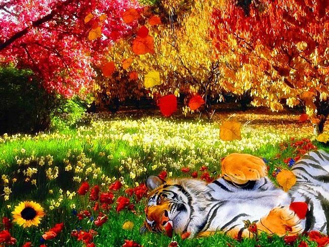 блаженство - тигр, цветы, лес, деревья - оригинал