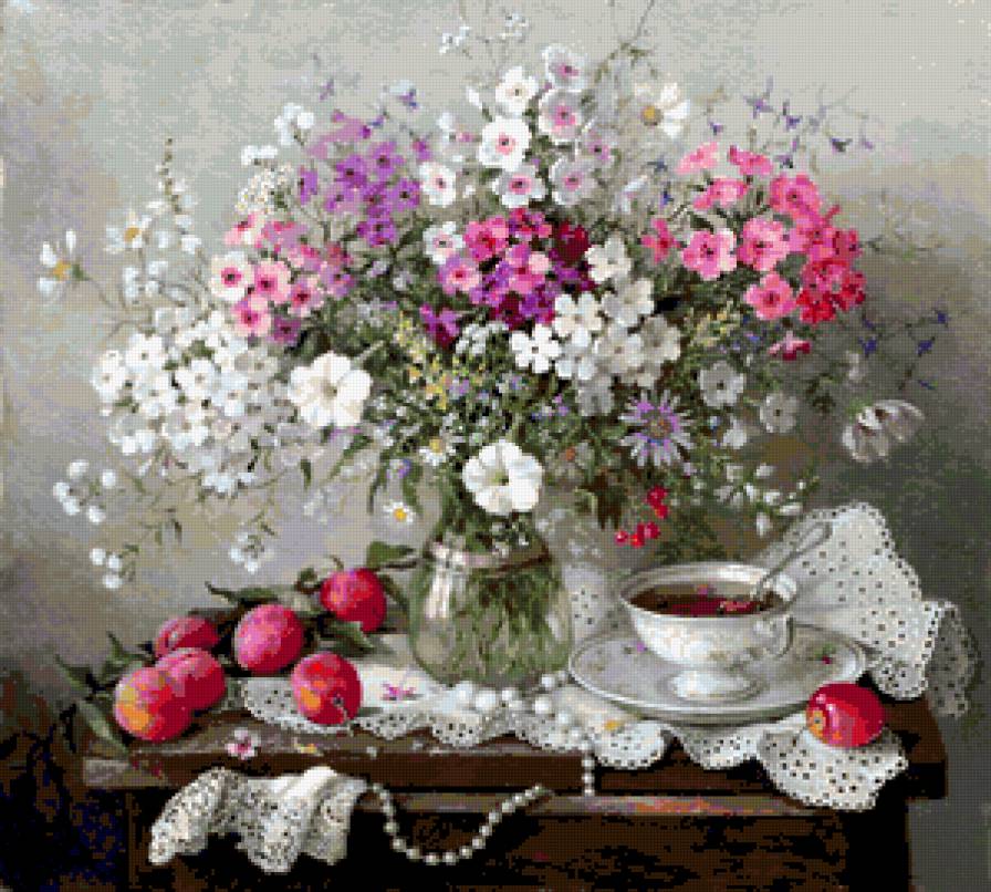 нежный натюрморт - цветы, фрукты, натюрморт, картина, чаепитие - предпросмотр