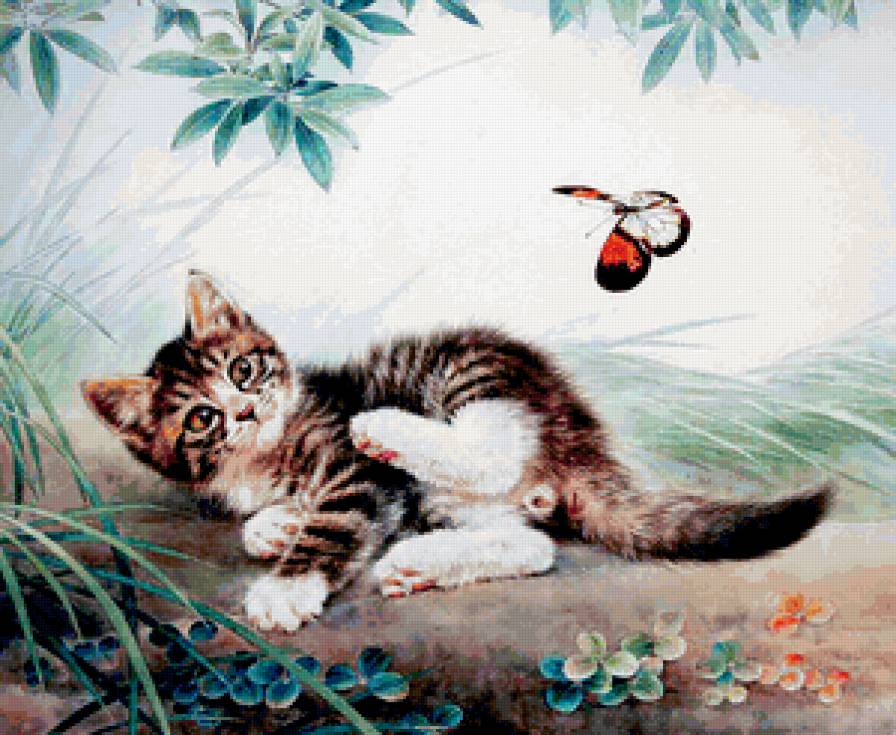 кот китайская живопись 1 - кот, бабочка, котенок, живопись - предпросмотр