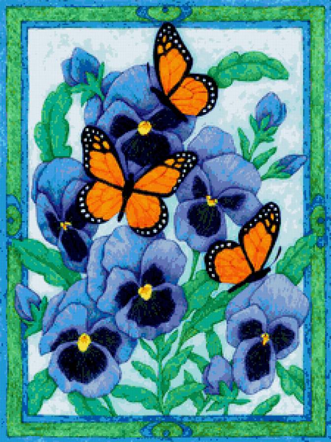 Цветы и бабочки - анютки, бабочки, цветы, анютины глазки, цветы и бабочки, панно - предпросмотр