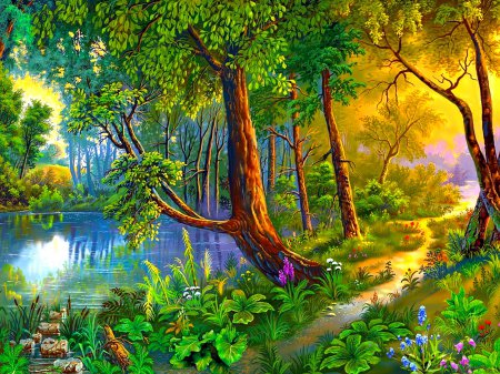 Волшебный лес - лес, клевер, цветы, ромашки, пейзаж, природа, лето, озеро - оригинал