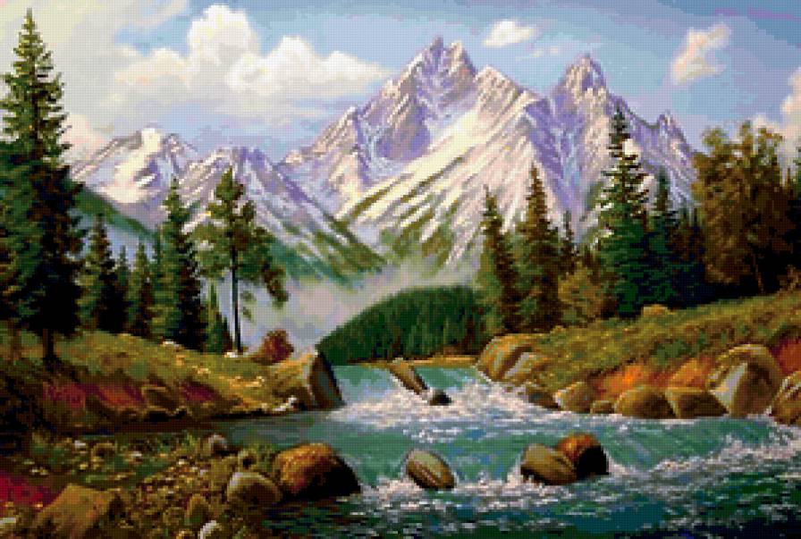 горный пейзаж - горы, река, деревья, вода, природа, лето - предпросмотр