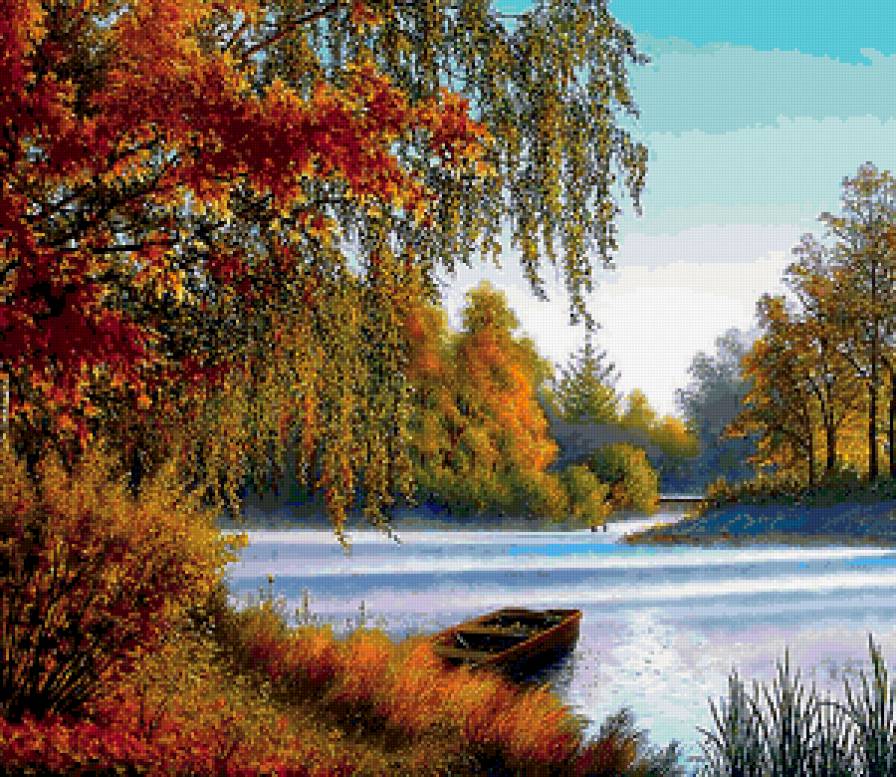 Лодка у берега - лодка, пейзаж, осень, озеро - предпросмотр