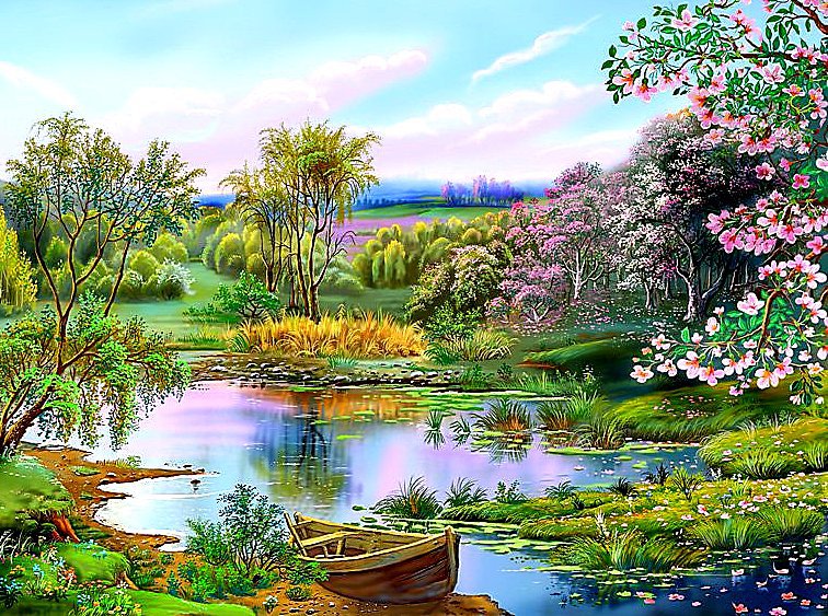 Лодка у берега - весна, озеро, лодка, пейзаж - оригинал