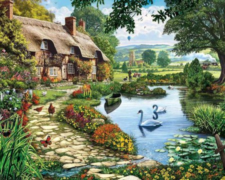 Райский уголок - природа, розы, сад, цветы, лебеди, домик, домики - оригинал