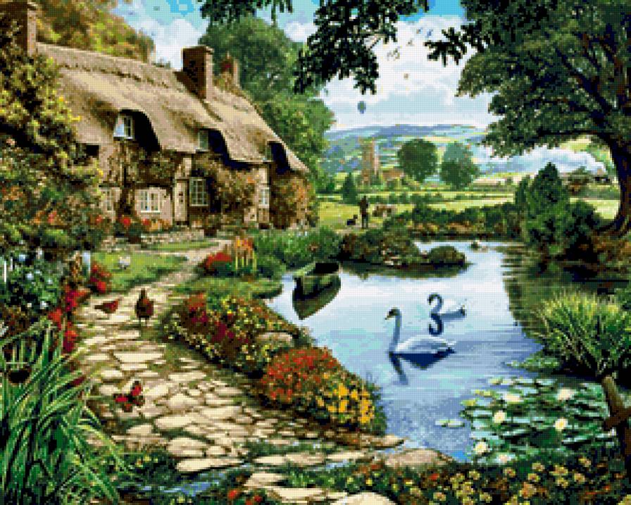 Райский уголок - домик, цветы, домики, лебеди, розы, природа, сад - предпросмотр