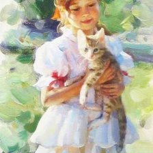 Оригинал схемы вышивки «Девочка с котенком» (№342061)