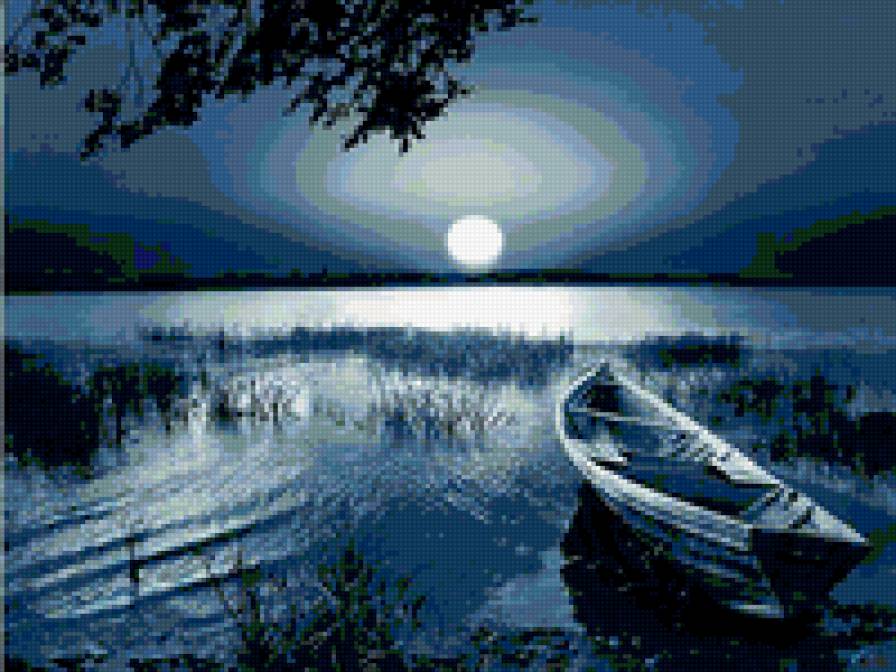 Озеро и ночь - лодка, монохром, ночь, природа - предпросмотр