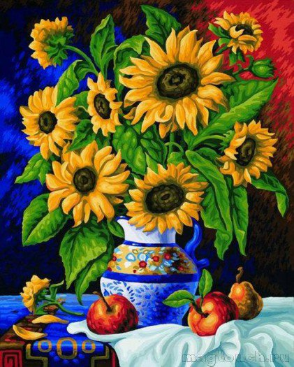 Натюрморт с подсолнухами - фрукты, цветы, ваза, букет, подсолнухи, подсолнух, натюрморт - оригинал