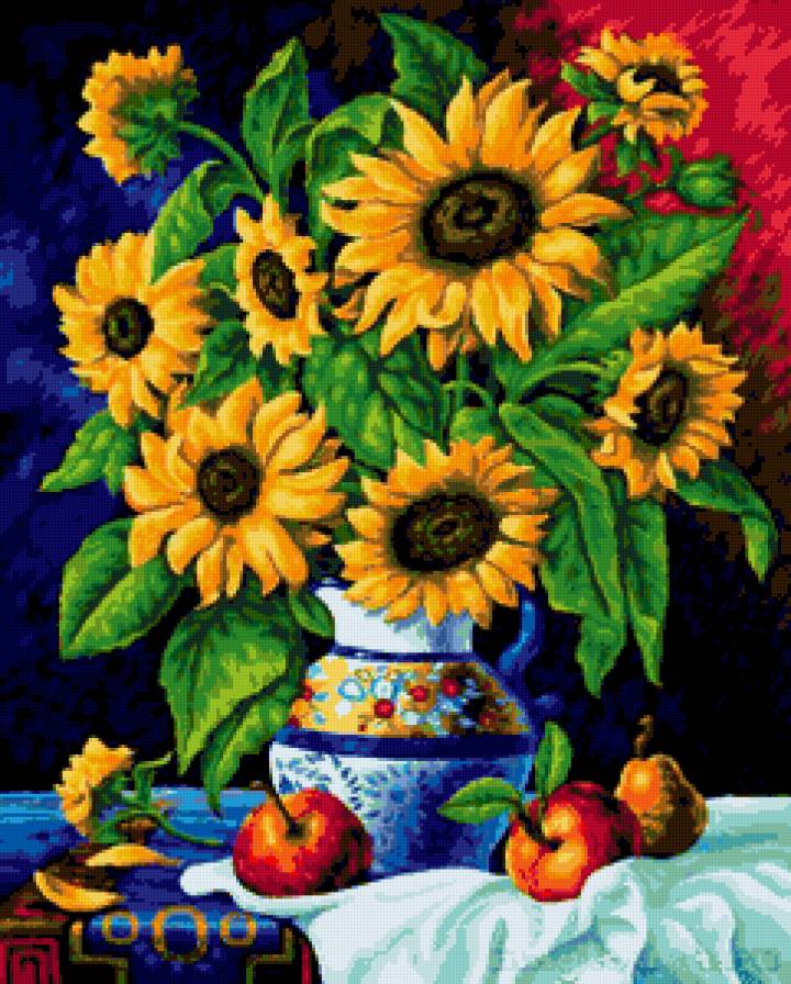 Натюрморт с подсолнухами - букет, ваза, подсолнух, фрукты, подсолнухи, цветы, натюрморт - предпросмотр