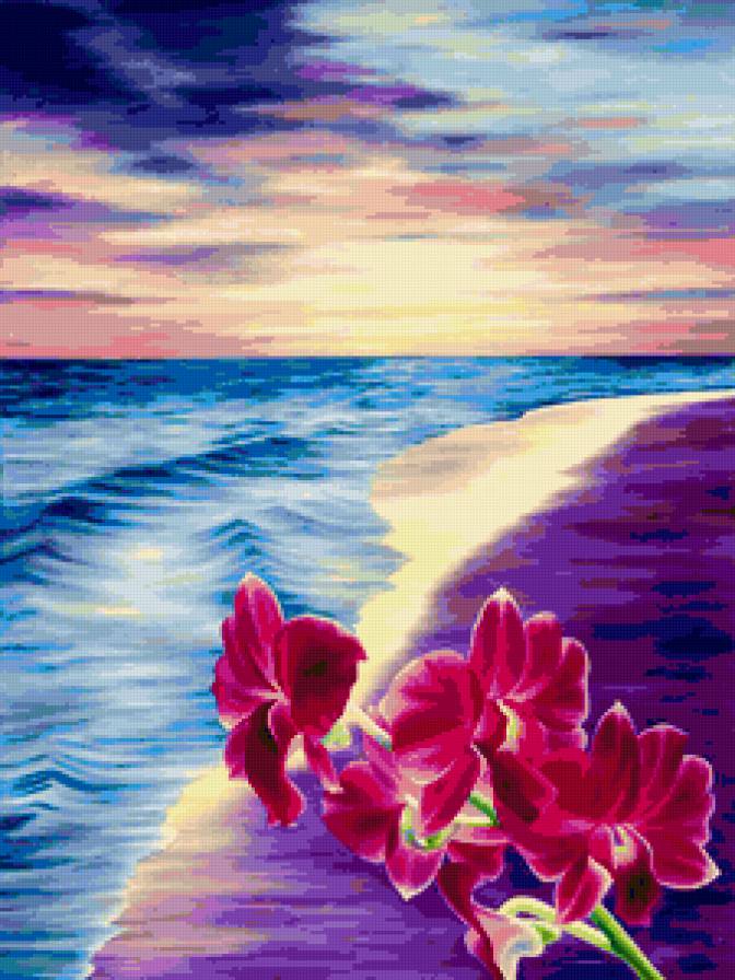 орхидеи на закате - океан, панно, орхидеи, волны, закат, райский уголок, цветы - предпросмотр