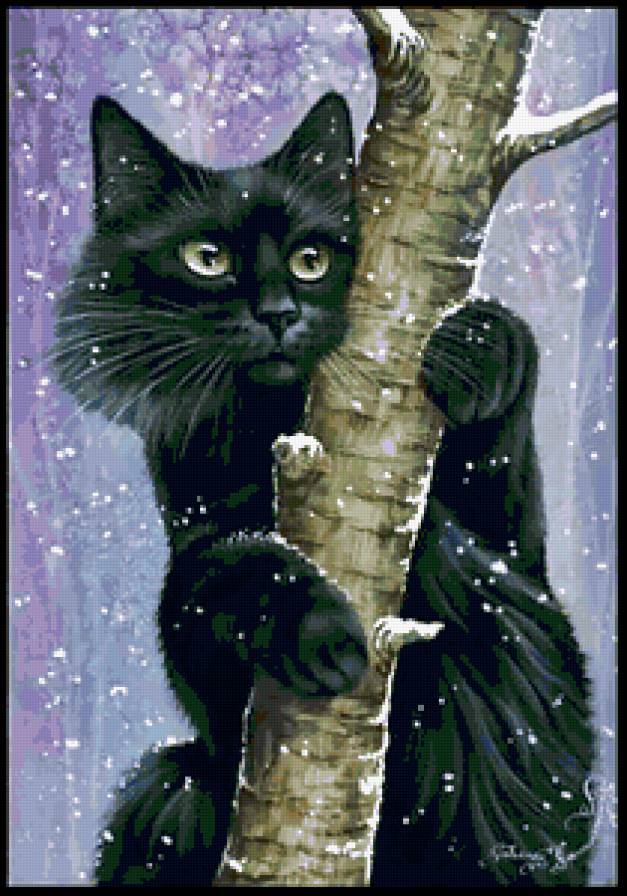 Черный кот на дереве - животные, кот - предпросмотр