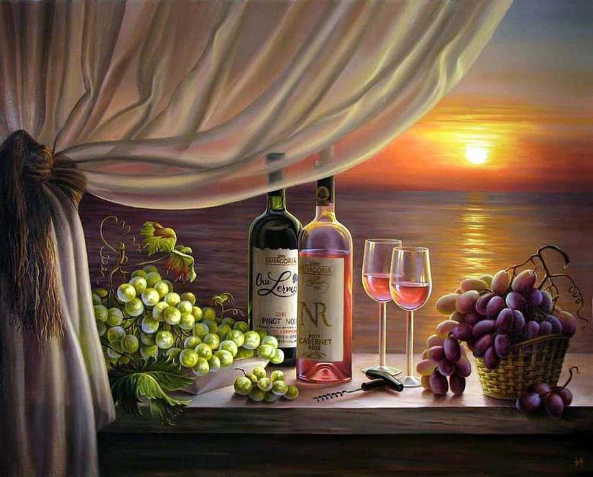 романтика - закат, море, вечер, вино, фрукты - оригинал
