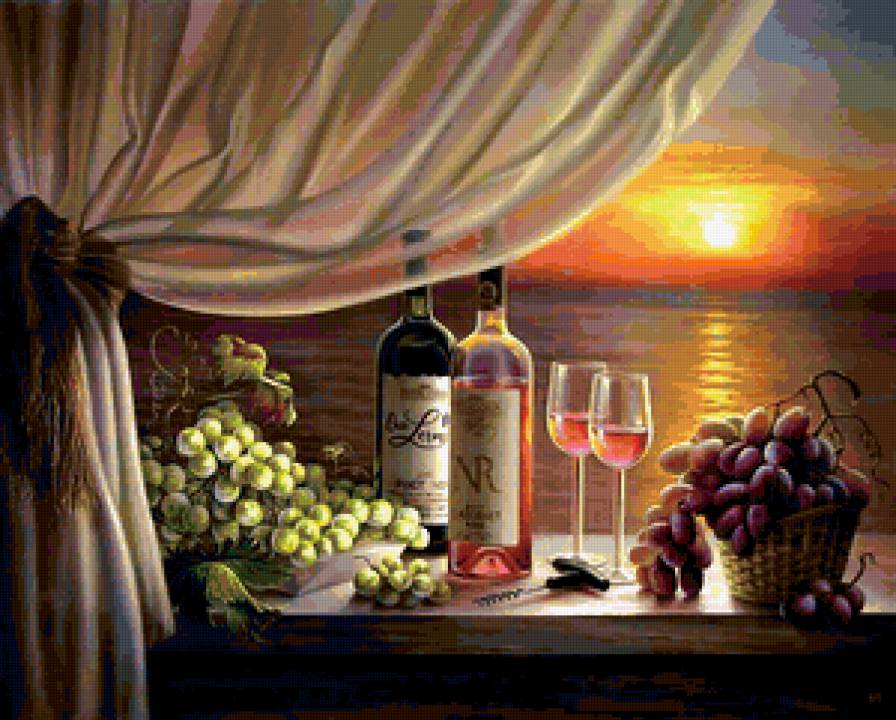 романтика - фрукты, вечер, вино, море, закат - предпросмотр