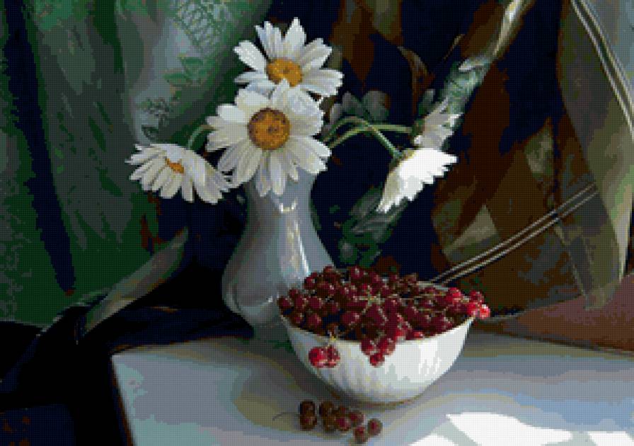 №347758 - натюрморт, ромашки, букет, цветы, ягоды - предпросмотр