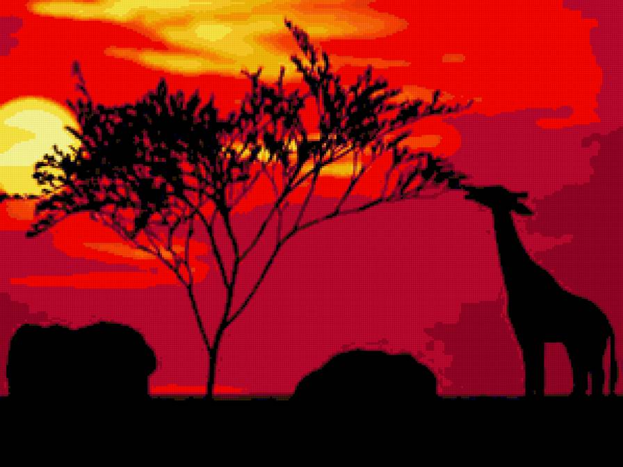 Жираф при красивом закате) - жираф, закат, картина - предпросмотр