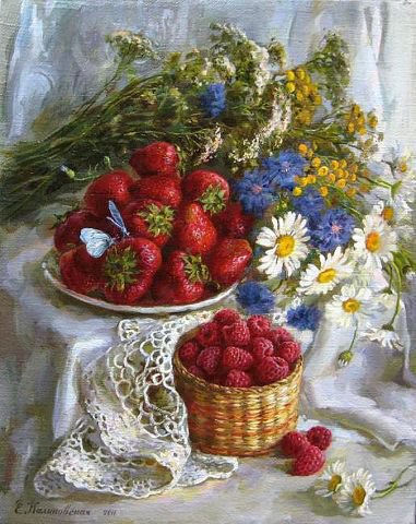 Картина Екатерины Калиновской 5 - клубника, натюрморт, букет, живопись, цветы, картина, ягоды - оригинал