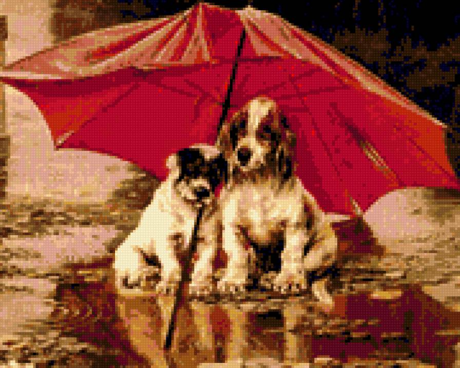 Щенки под зонтом - щенки, собака, зонт, город, улица, красный, дождь - предпросмотр