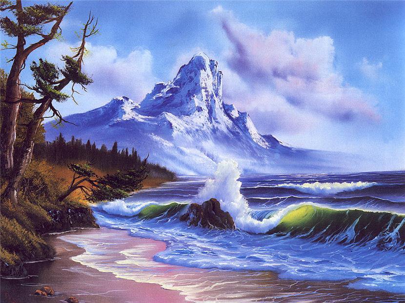 Морской прибой. - прибой, картиный боба росса, горы, море, пейзаж - оригинал