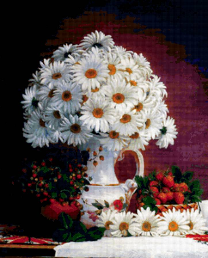 Букет ромашек - картина, ягоды, цветы, букет, живопись.клубника - предпросмотр