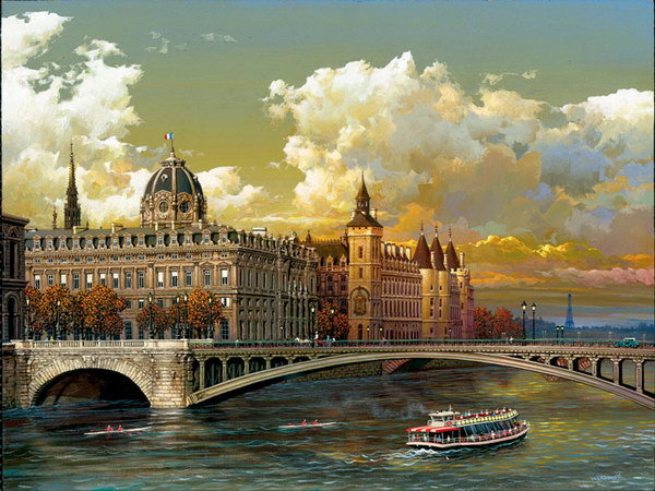 картина - речка, мост, город - оригинал