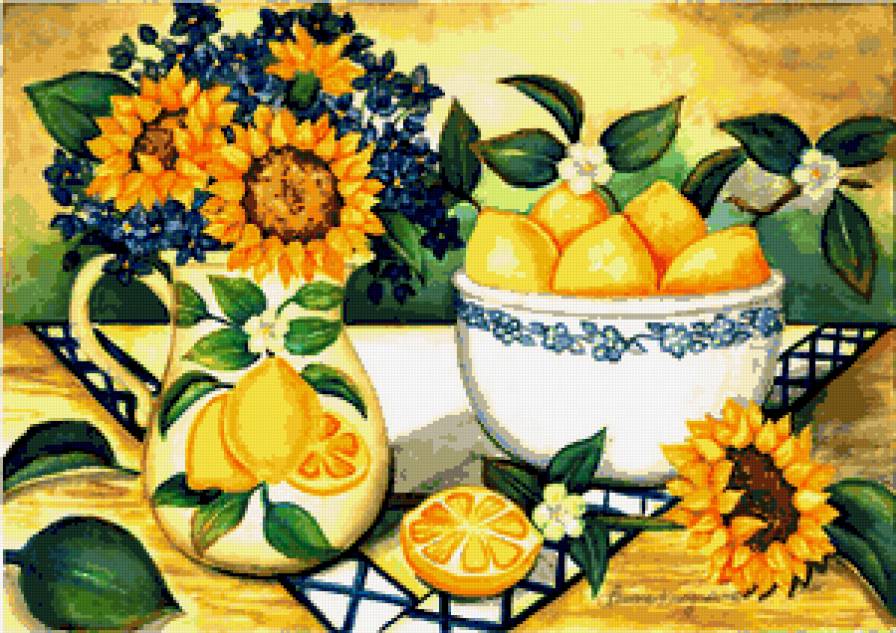 Солнечный натюрморт - подсолнух, букет, подсолнухи, цветы, фрукты, лимоны, натюрморт - предпросмотр