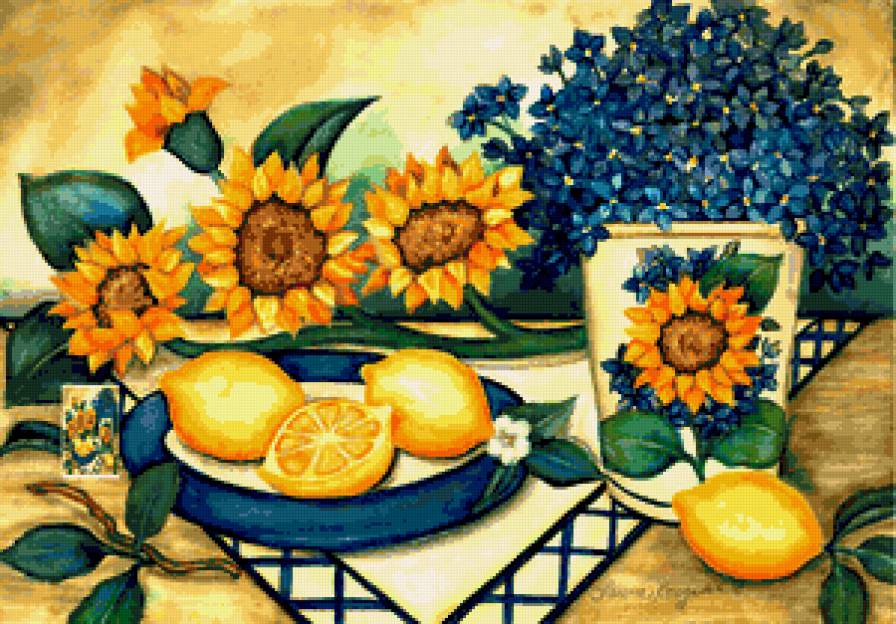 Солнечный натюрморт - букет, подсолнухи, подсолнух, незабудки, лимоны, натюрморт - предпросмотр