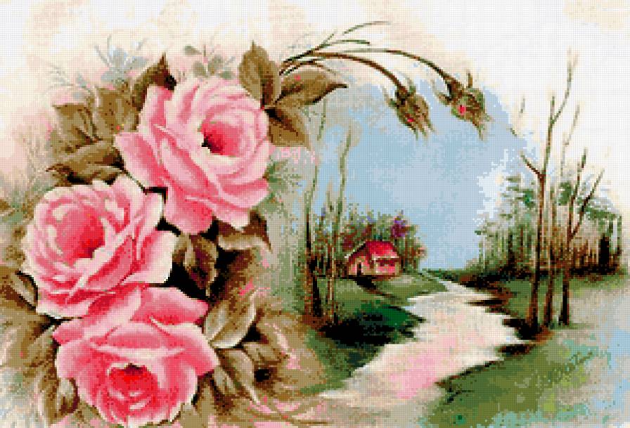 Пейзаж с розами - домики, ретро, винтаж, розы, природа, пейзаж, домик, цветы - предпросмотр