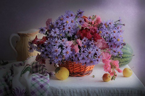 №349826 - цветы, фрукты, натюрморт, букет - оригинал