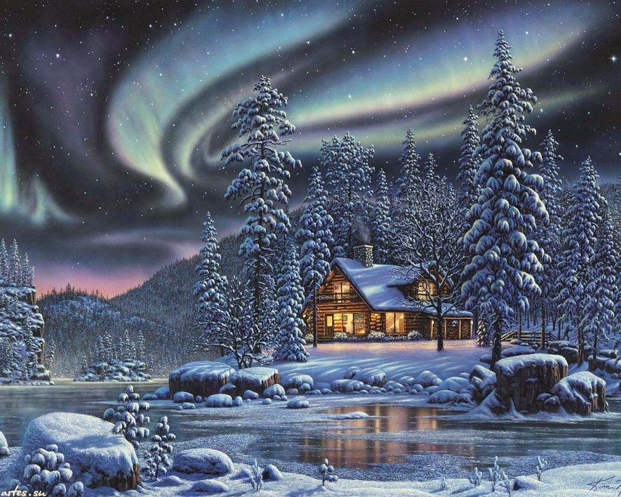 Заполярье - лес, дом, северное сияние, зима. снег - оригинал