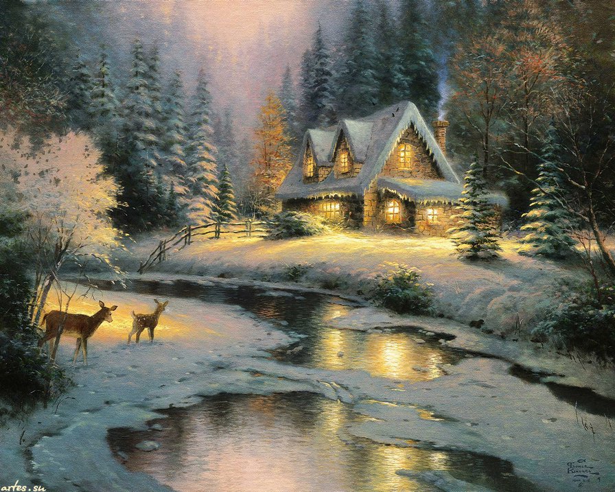 Сказка - дом, олени, снег, зима - оригинал