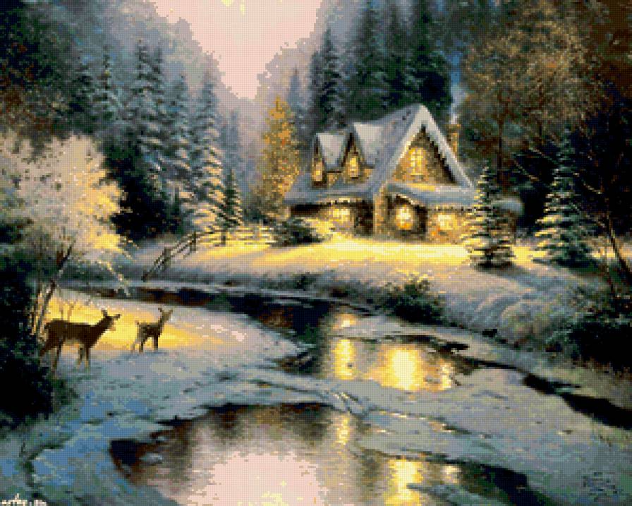 Сказка - зима, дом, олени, снег - предпросмотр
