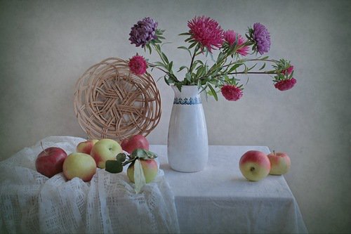 №351478 - натюрморт, фрукты, цветы, букет - оригинал