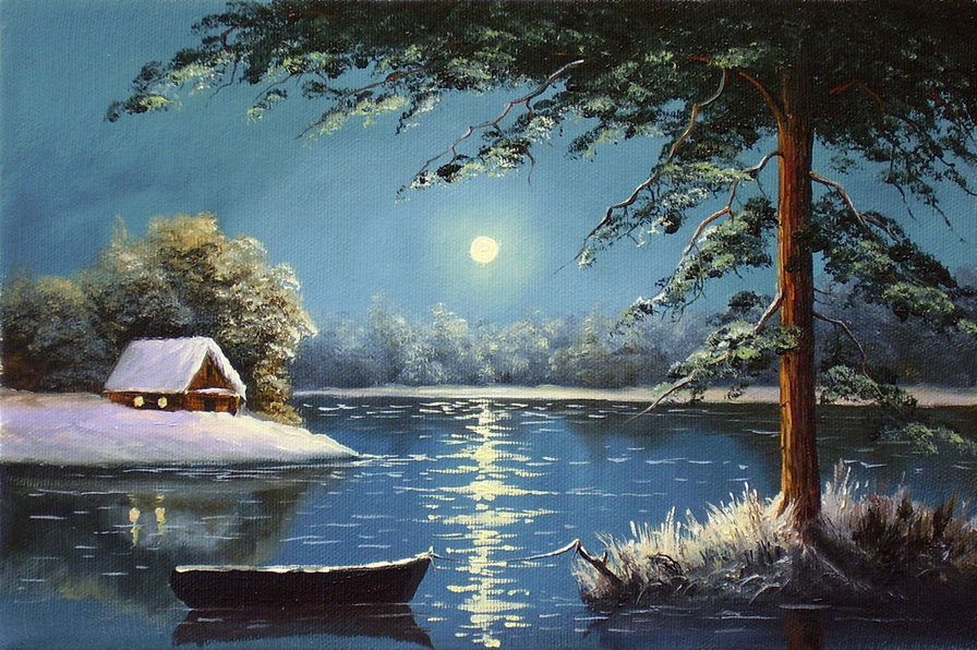 Сказочная ночь - зима, природа, лес, река, домик, пейзаж, луна - оригинал