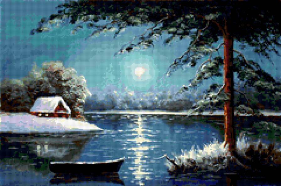 Сказочная ночь - природа, река, зима, пейзаж, луна, домик, лес - предпросмотр