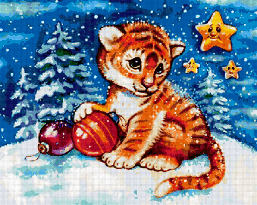 №352882 - новый год, снег, елки, тигр, пейзаж, животные, тигренок - предпросмотр