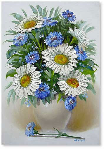 полевые цветы - картина натюрморт ромашки васельки ваза - оригинал