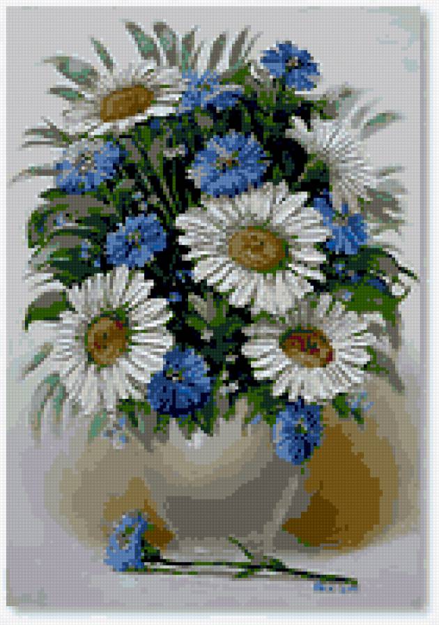 полевые цветы - картина натюрморт ромашки васельки ваза - предпросмотр