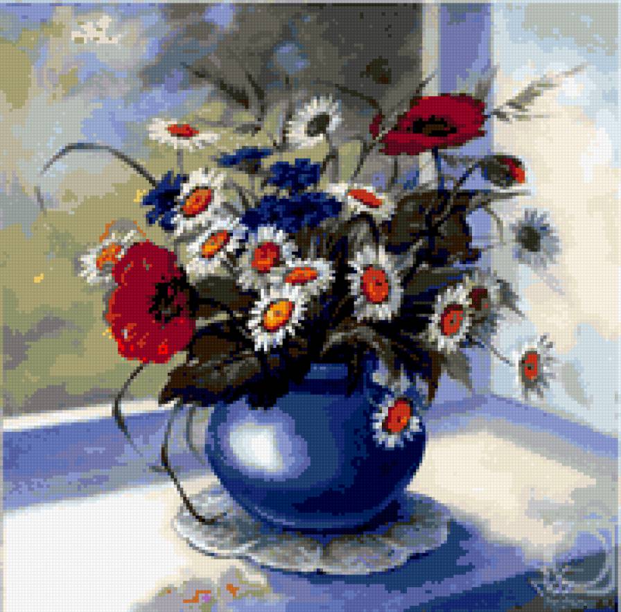 полевые цветы - картина натюриорт цветы ромашки маки ваза - предпросмотр