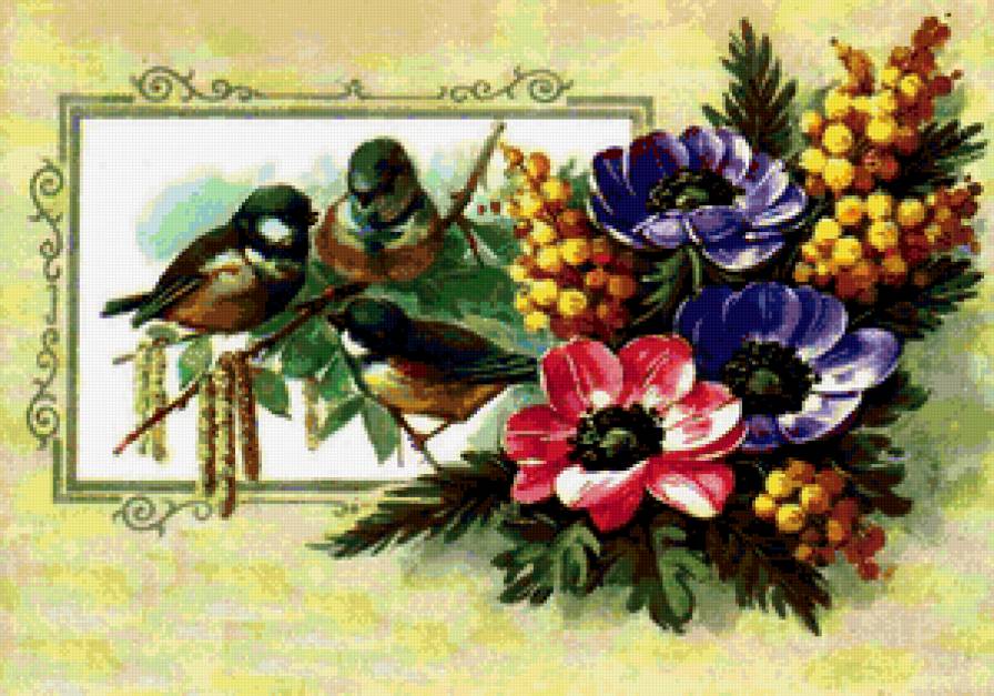 старые открытки - цветы, синицы, ретро, открытки, весна, птицы - предпросмотр