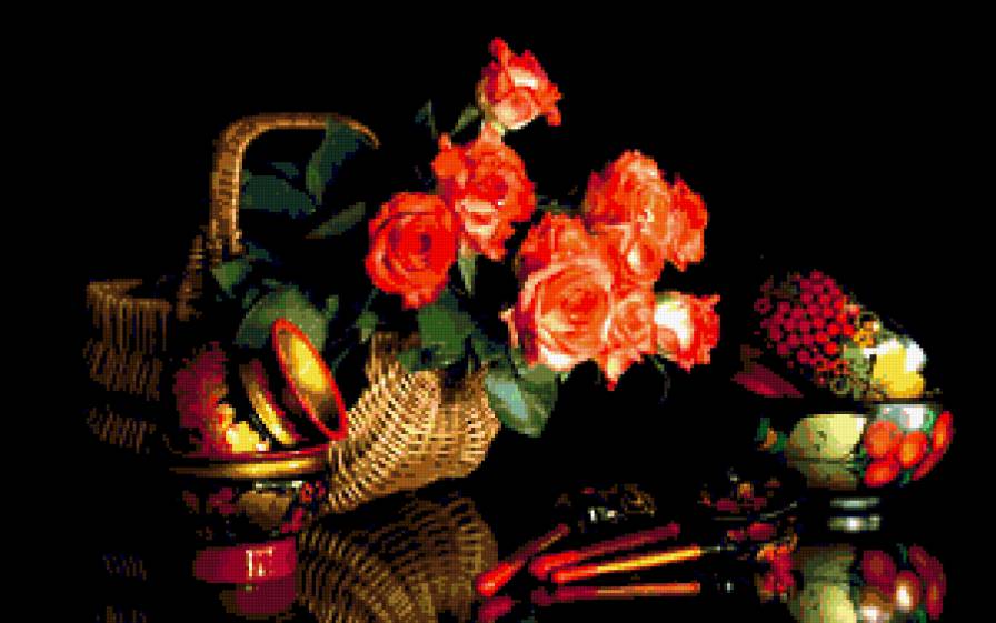 Натюрморт - цветы, корзина, деревянные ложки, хохлома, посуда - предпросмотр