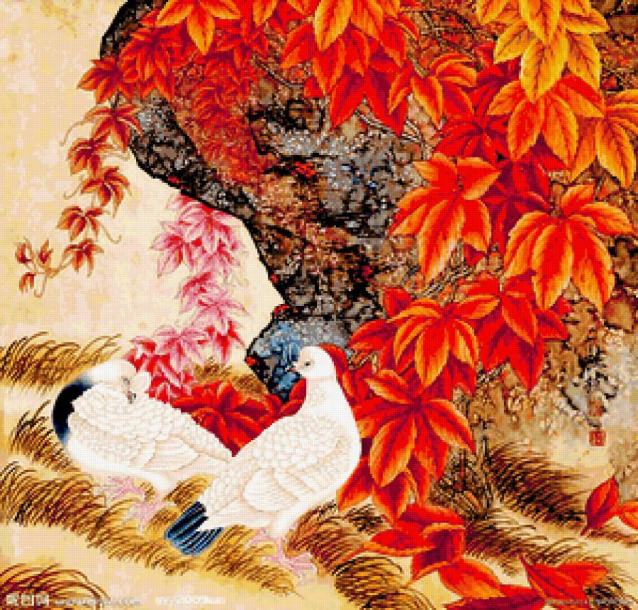Китайские мотивы - китайская живопись, птицы, китай, восток, растения, цветы - предпросмотр