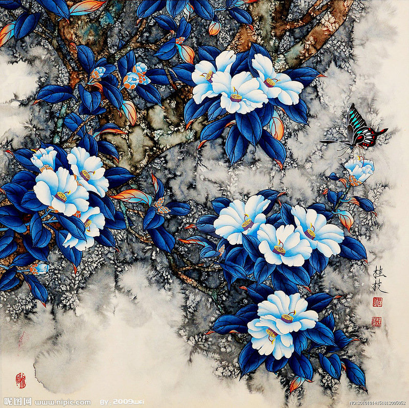 Китайские мотивы - китайская живопись, цветы, китай, восток, растения - оригинал