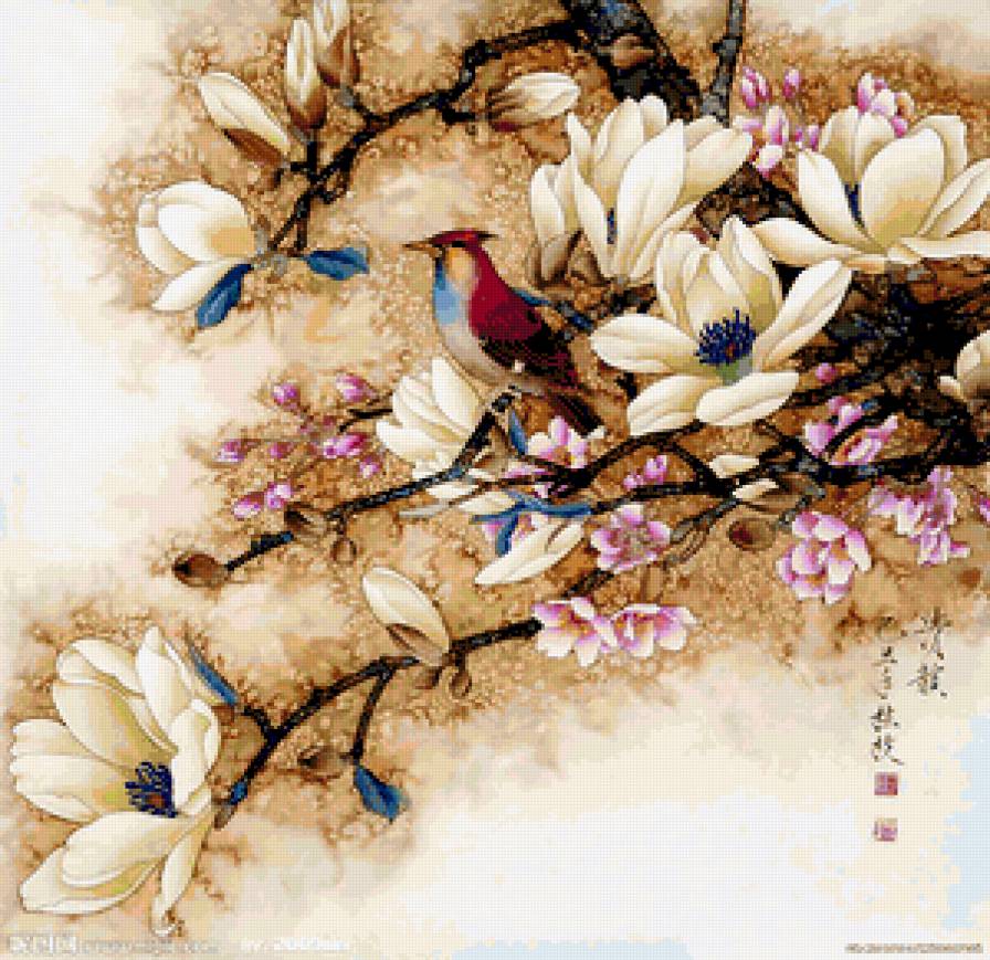 Китайские мотивы - птицы, китай, китайская живопись, цветы, растения, восток - предпросмотр