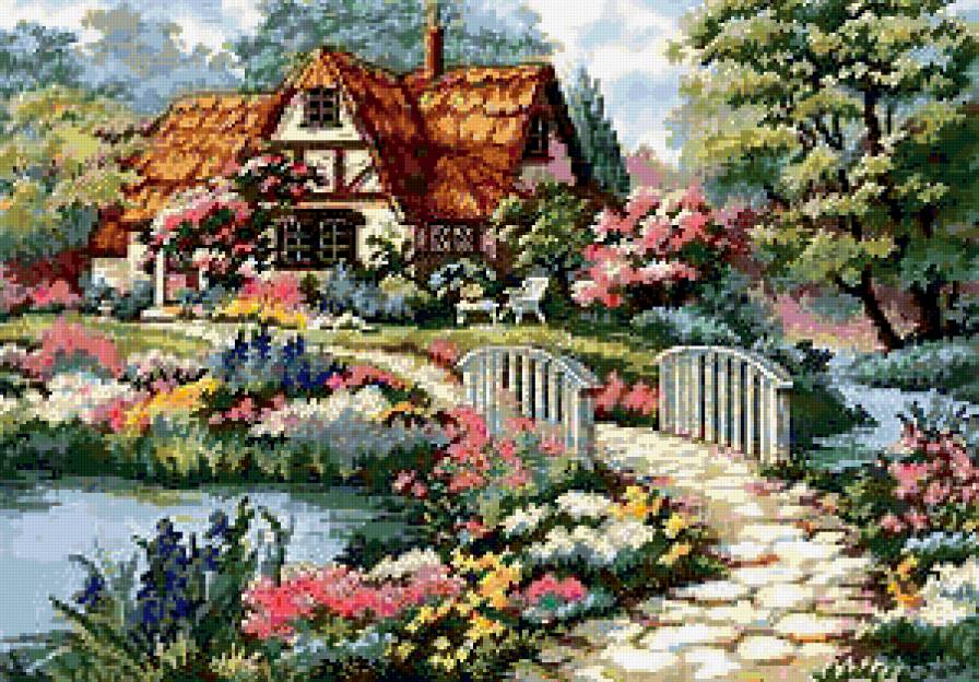 домик - цветы, природа, мост, сад, дом - предпросмотр