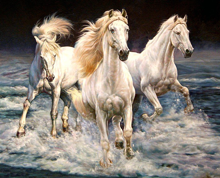 Три белых коня - брызги, животные, лошади, кони, волны, море - оригинал