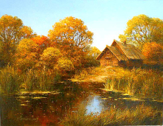 у реки - осень, деревня, пейзаж, живопись, картина, иваненко - оригинал