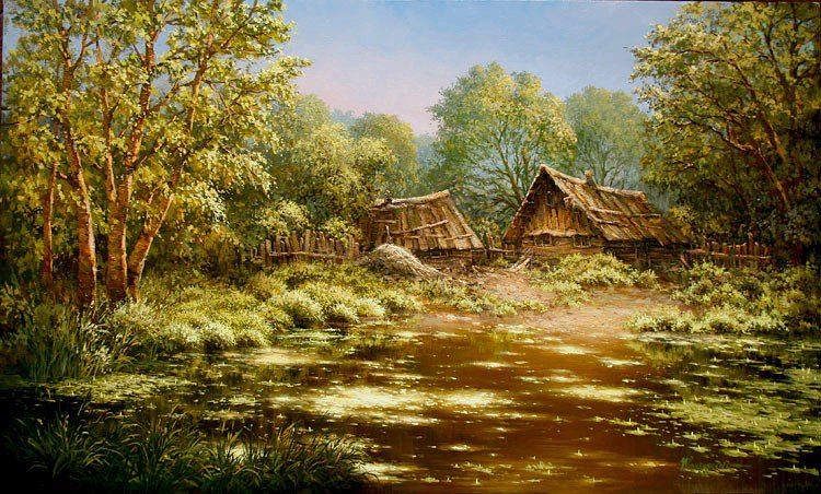 у реки - иваненко, пейзаж, лето, деревня, картина - оригинал