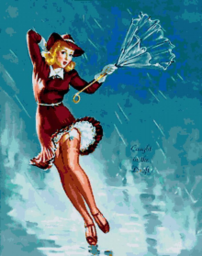 ретро девушка с зонтиком - ретро, чулки, девушка, она, зонт, пин-ап, ветер, дождь, винтаж, красота - предпросмотр